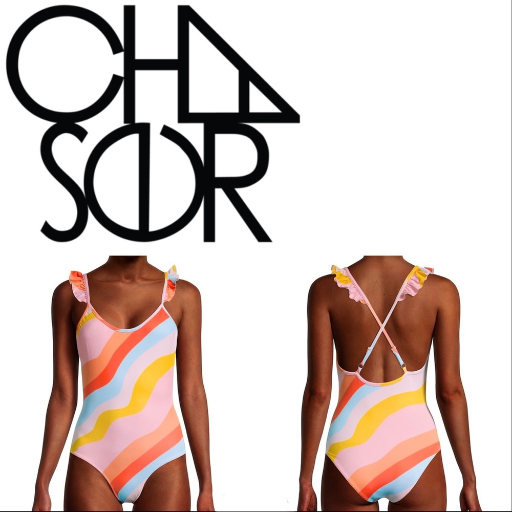 Chaser Striped Ruffle Straps One Piece Swimsuit, Size L, NWT